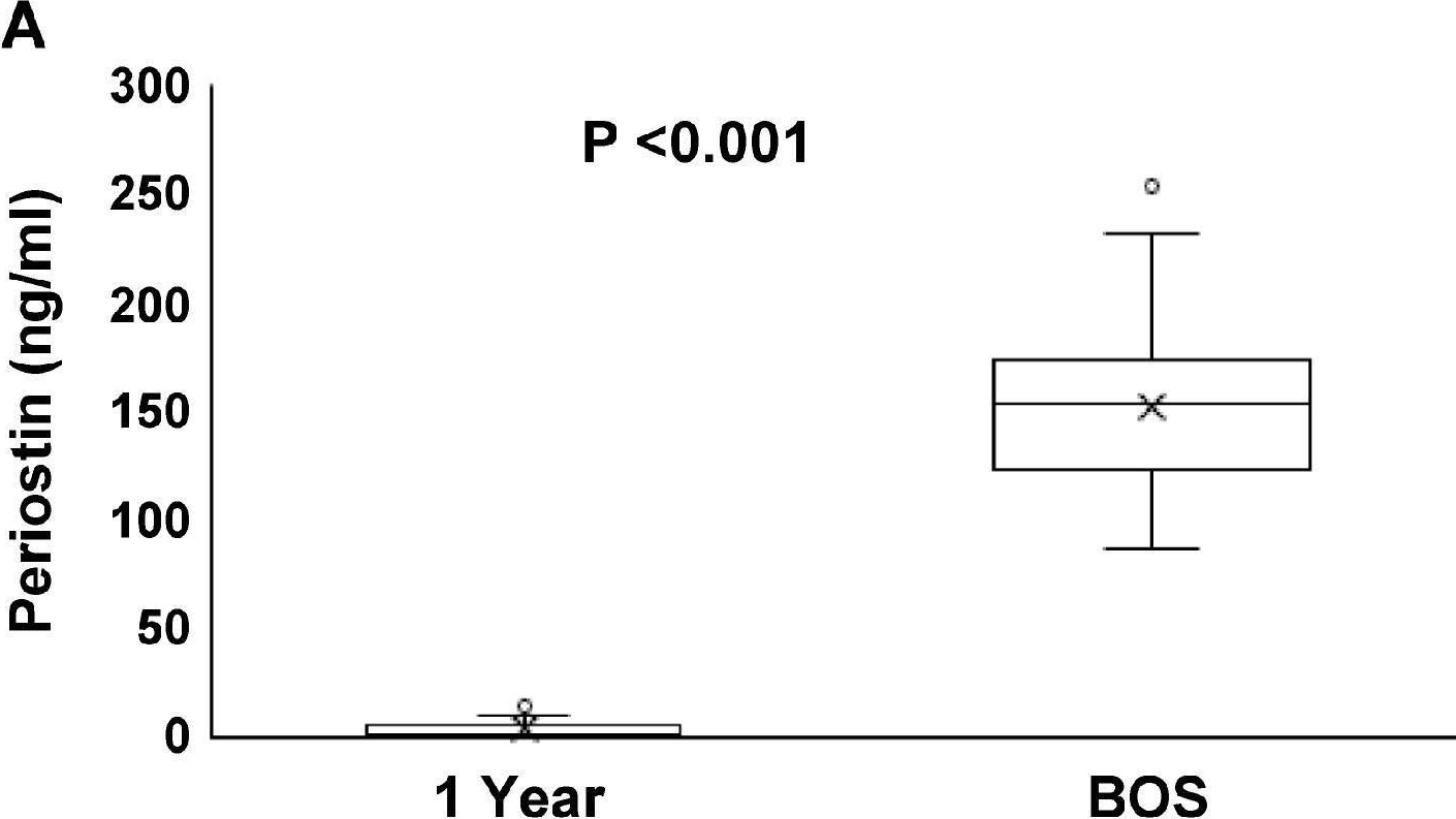 Fig.4.A showing Enzyme-linked immunosorbent assay from the publication: Periostin in Bronchiolitis Obliterans Syndrome after Lung Transplant.