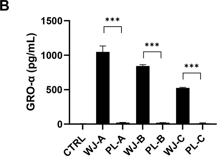 Fig.4.B showing Enzyme-linked immunosorbent assay from the publication: Anti-necroptotic effects of human Wharton's jelly-derived mesenchymal stem cells in skeletal muscle cell death model via secretion of GRO-α.