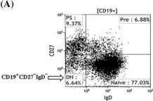 Fig.1.A showing Flow cytometry/Cell sorting in a Homo sapiens (Human) sample from the publication: CD27-IgD- memory B cells are modulated by in vivo interleukin-6 receptor (IL-6R) blockade in rheumatoid arthritis.