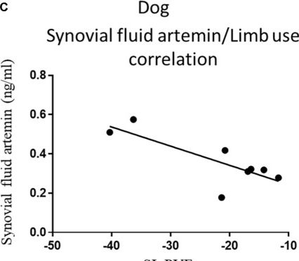 Fig.2.C showing Enzyme-linked immunosorbent assay from the publication: Correlation of Artemin and GFRα3 With Osteoarthritis Pain: Early Evidence From Naturally Occurring Osteoarthritis-Associated Chronic Pain in Dogs.