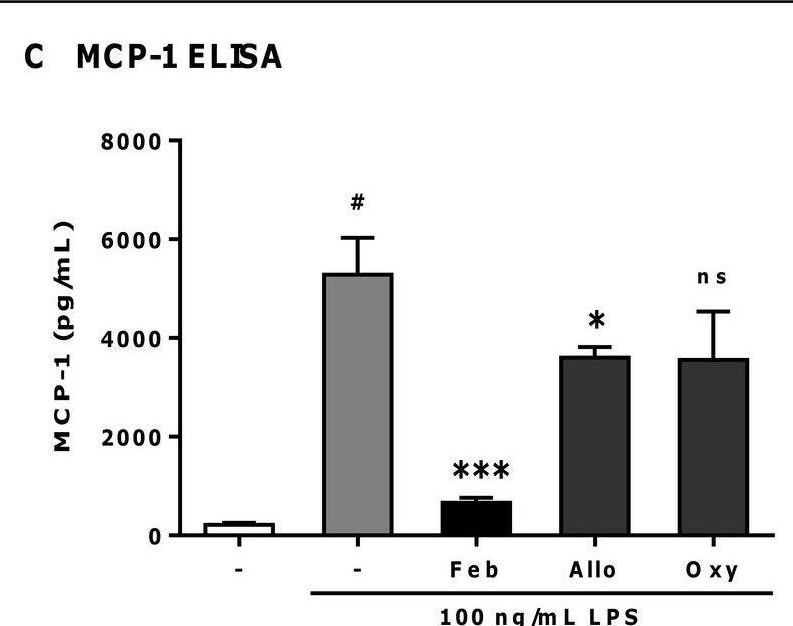 Fig.4.C showing Enzyme-linked immunosorbent assay in a Mus musculus (House mouse) sample from the publication: Febuxostat, an inhibitor of xanthine oxidase, suppresses lipopolysaccharide-induced MCP-1 production via MAPK phosphatase-1-mediated inactivation of JNK.