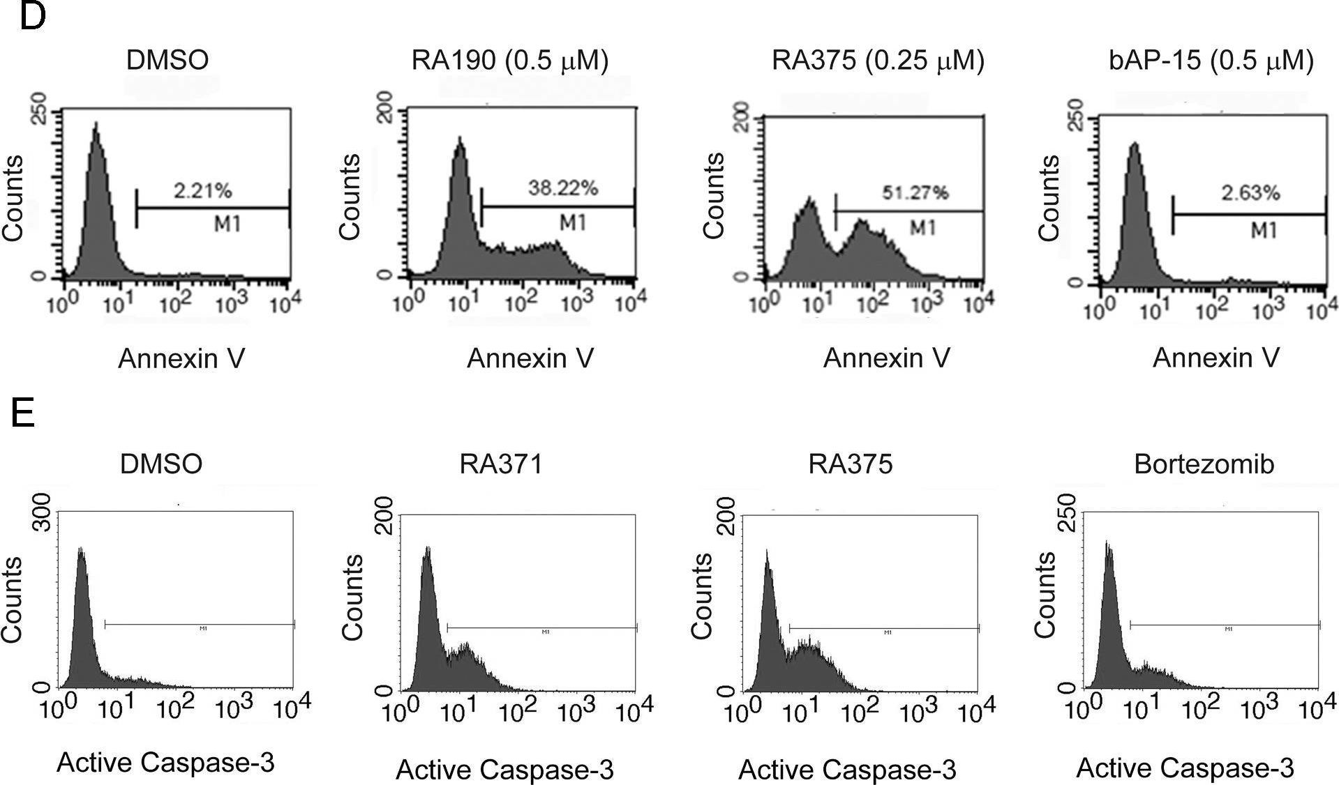 Fig.4.D showing Flow cytometry/Cell sorting in a Homo sapiens (Human) sample from the publication: Structure-function analyses of candidate small molecule RPN13 inhibitors with antitumor properties.