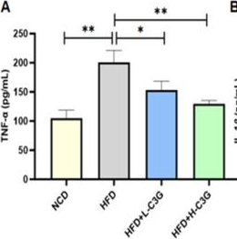 Fig.4.A showing Enzyme-linked immunosorbent assay from the publication: Cyanidin-3-O-Glucoside Alleviates Hepatic Steatosis and Inflammation in High-Fat Diet-Induced Non-Alcoholic Fatty Liver Disease Mice via the AMPK/SIRT1/NF-κB Pathway.
