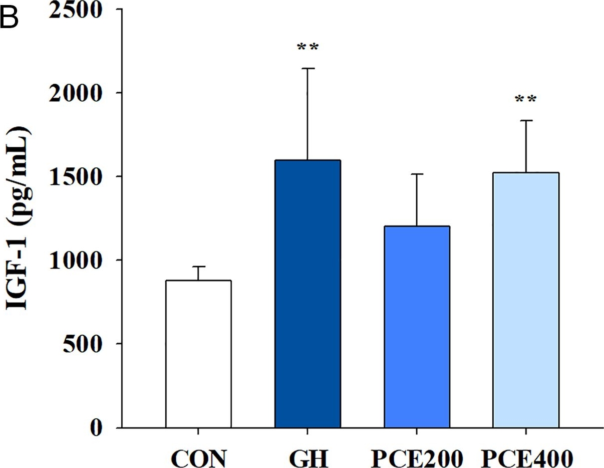 Fig.2.B showing Enzyme-linked immunosorbent assay from the publication: Phyllostachyos Caulis in Taeniam extract stimulates longitudinal bone growth via IGF-1 and JAK2/STAT5 signaling in rats.